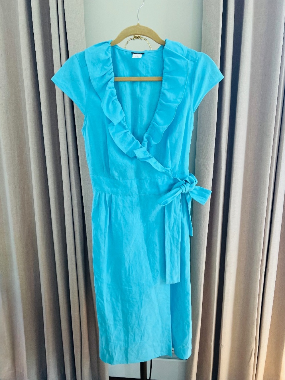 J. Crew Linen Wrap Ruffle Dress Size 8 Aqua Blue